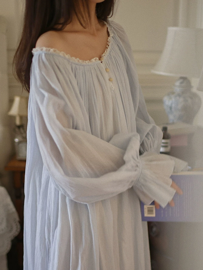 Romantic cotton sleep dress in pale blue with off shoulder neckline and long gathered sleeves