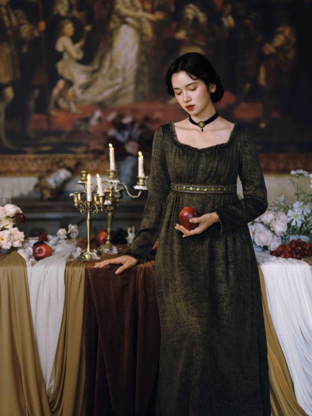 Romantic dark brown vintage dress with gathered square neckline, long sleeves and decorative empire waist trim