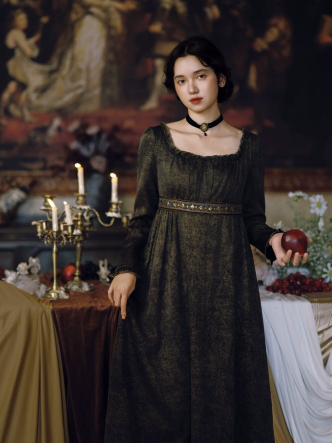 Dark romantic maxi dress with fitted empire waist, long sleeves and antique-inspired square neckline