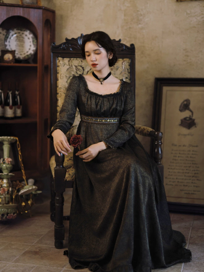 Dark vintage cottagecore dress with square neckline, embroidered empire waist and full-length flowing skirt