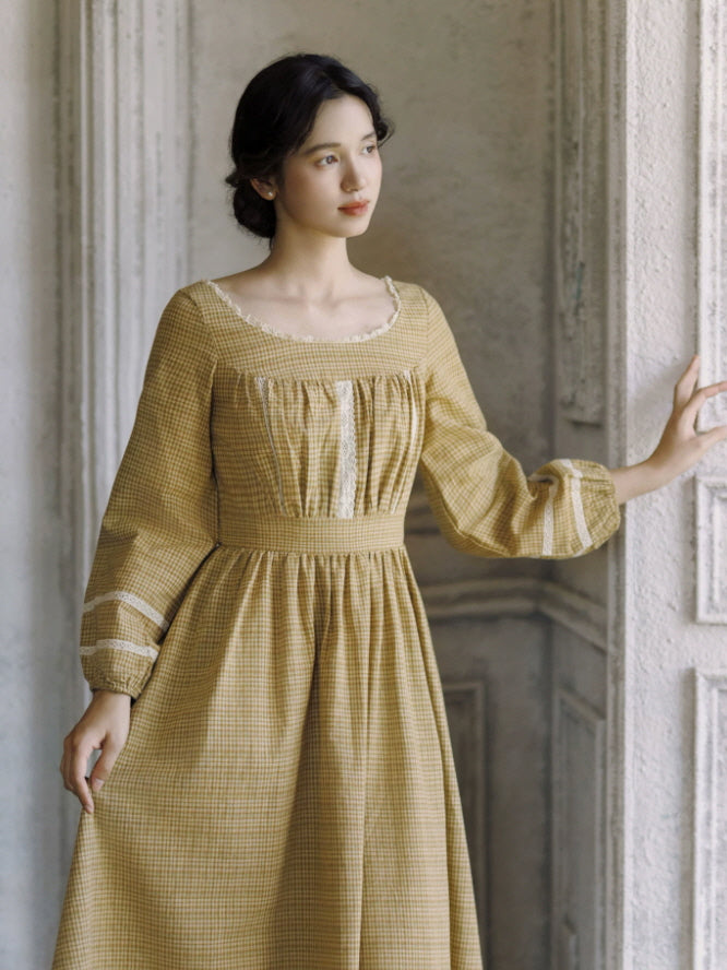 1. Vintage cottagecore maxi dress in mustard check with square neckline, lace detailing and softly gathered silhouette