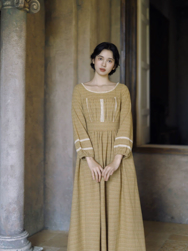 Mustard cottagecore long sleeve dress with lace neckline, gathered waist and full-length vintage skirt