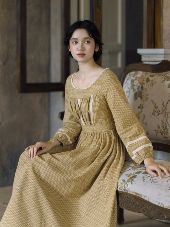 Romantic mustard plaid dress with lace trim, long sleeves and vintage-inspired full skirt
