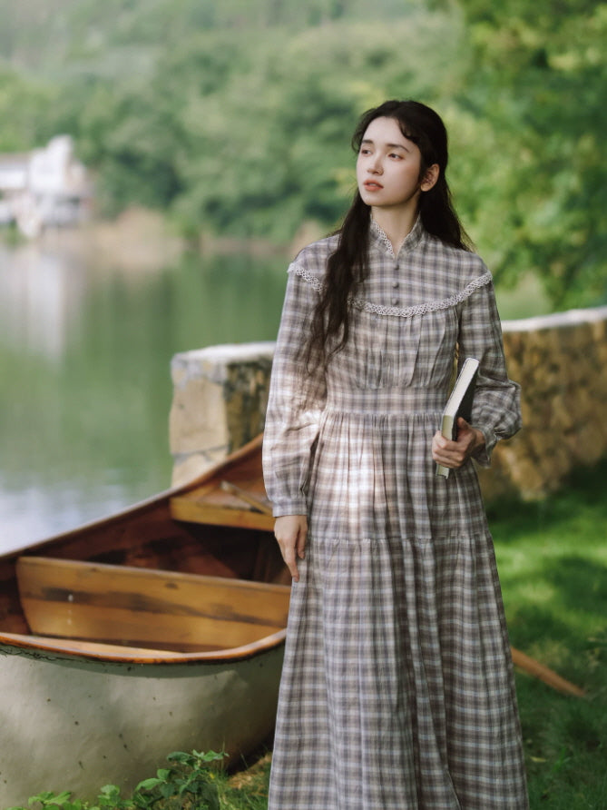 Romantic check long sleeve dress with lace-trimmed yoke, gathered bodice and flowing vintage skirt