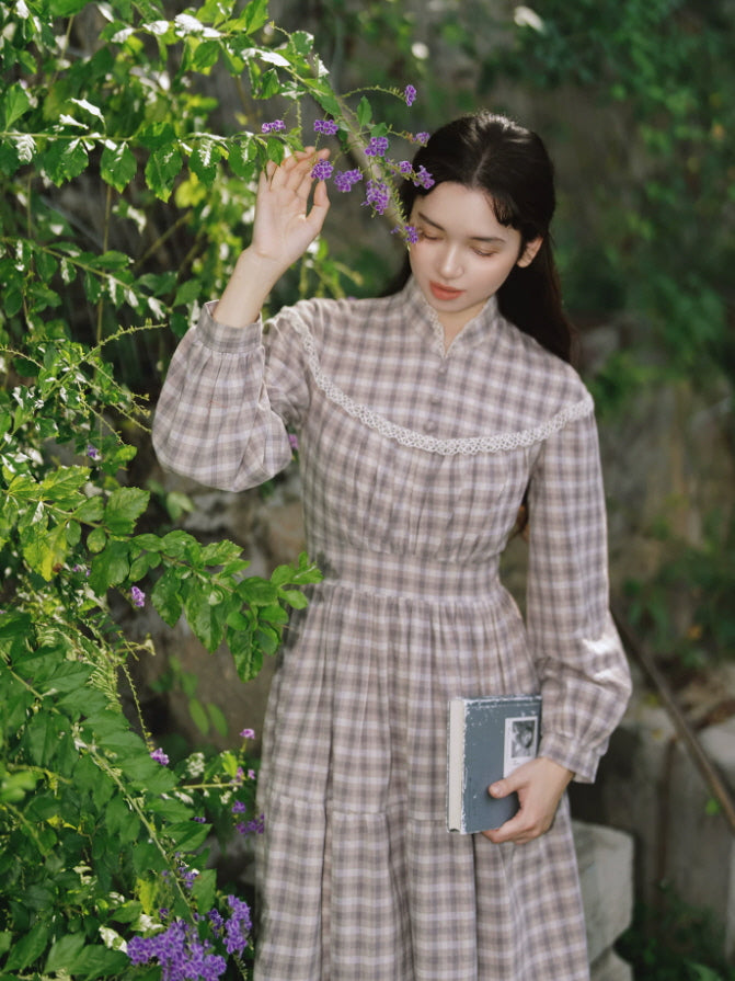 Gray and beige check maxi dress with lace neckline, gathered waist and romantic countryside aesthetic