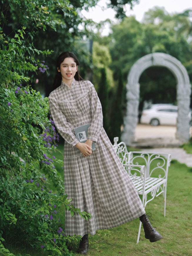 Plaid vintage cottagecore dress with high collar, long sleeves and softly gathered full-length skirt