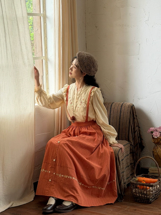 Autumn Cottage Embroidered Blouse & Suspender Skirt
