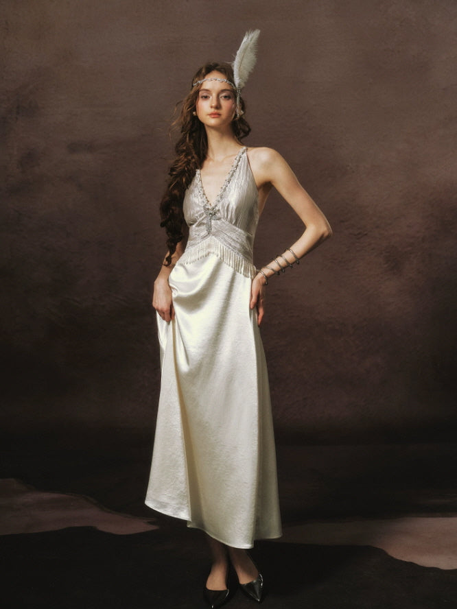 Silver Pearl Beaded Gatsby Vintage Maxi Dress