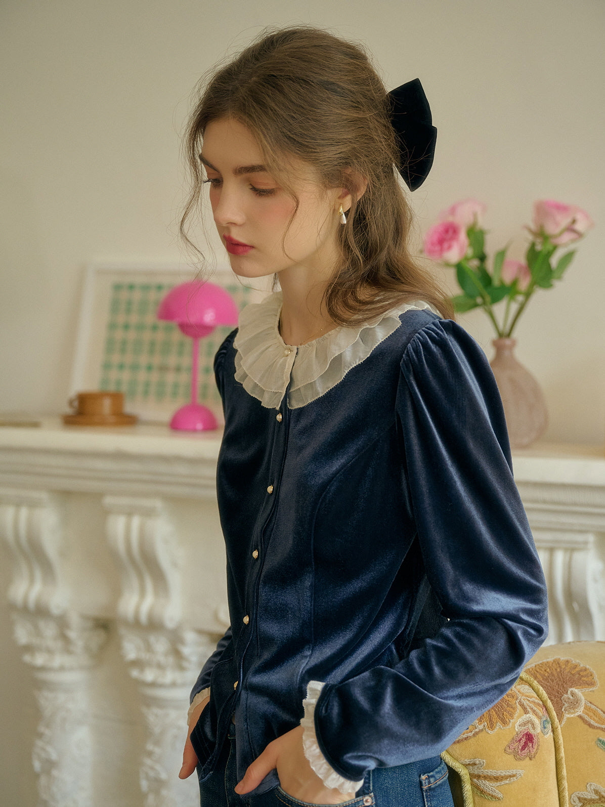 Ruffle Collar Midnight Velvet Elegance Blouse