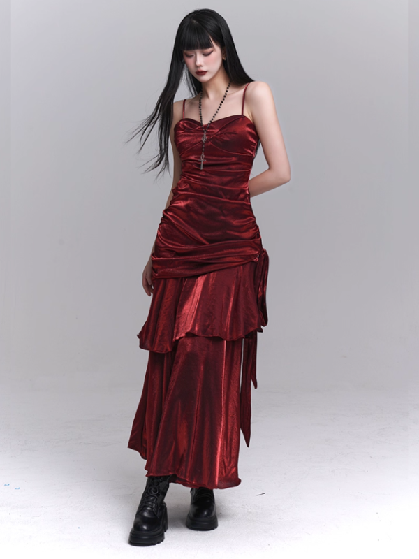 Crimson Siren Tiered Velvet Maxi Dress