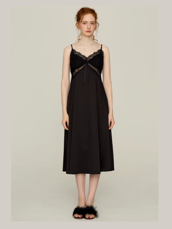 Midnight Lace Slip Nightgown & Faux Fur Trim Robe