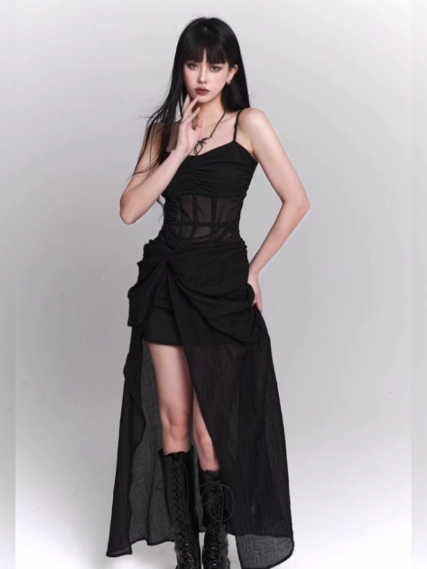 Midnight Siren Sheer Corset Drape Maxi Dress