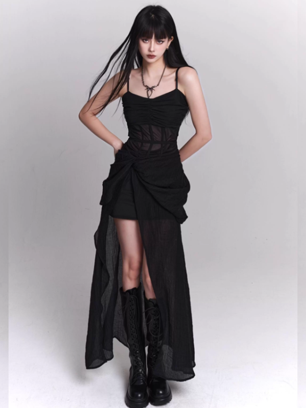Midnight Siren Sheer Corset Drape Maxi Dress