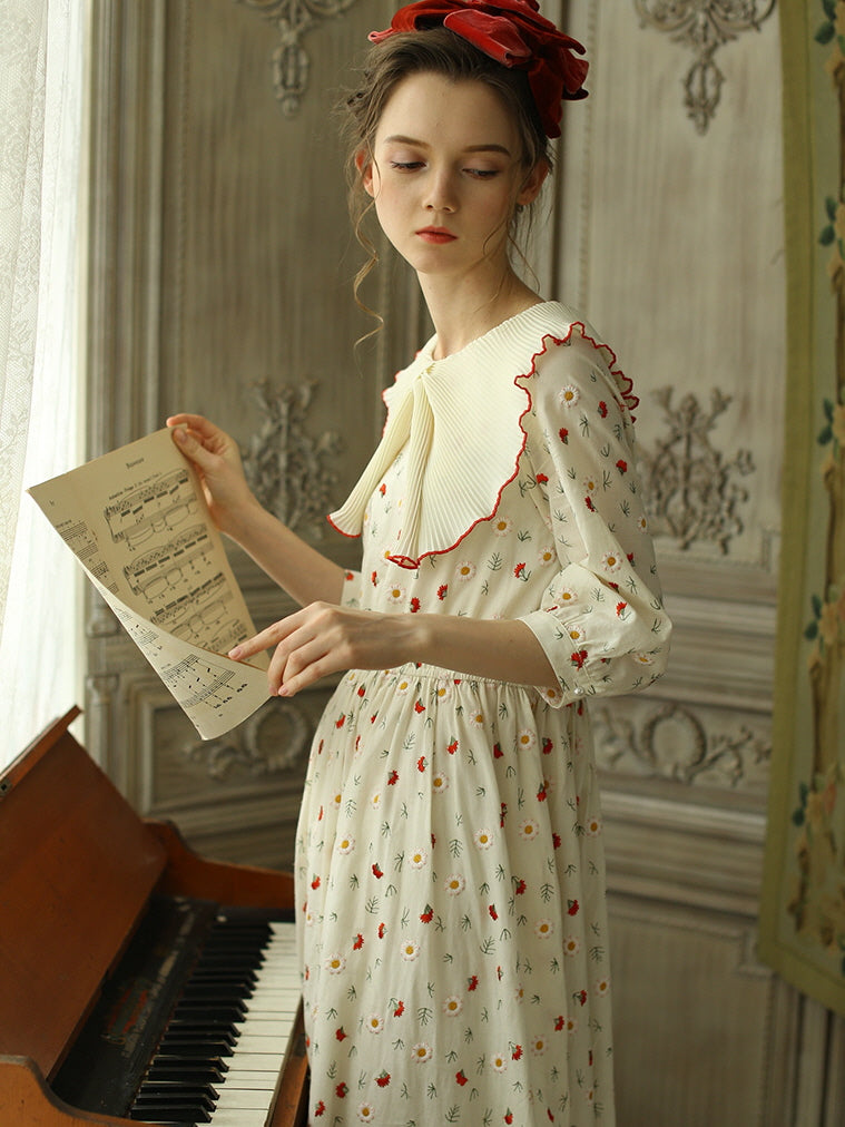 Pleated Collar Retro Floral Cotton Dress