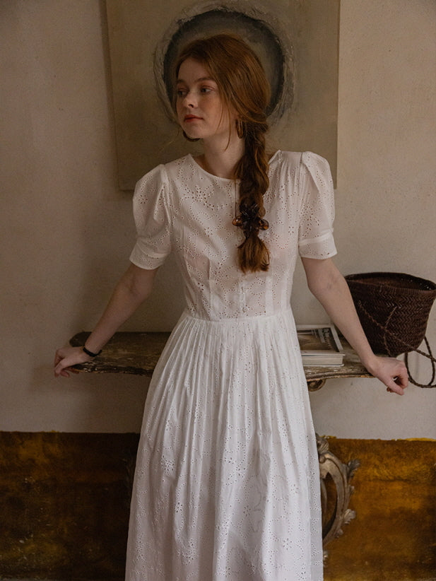 Cottagecore White Eyelet Lace Summer Dress - White(Pre-Sale 25days) / XS
