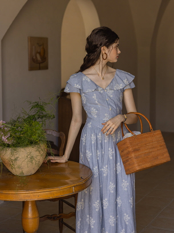 Blue Stripe Floral Cotton Dress Ruffle Neckline, Vintage Cottagecore Style Blue(Pre-Sale 25days) / M Blue Stripe Floral Cotton Dress Ruffle Neckline, Vintage Cottagecore Style Blue(Pre-Sale 25days) / M