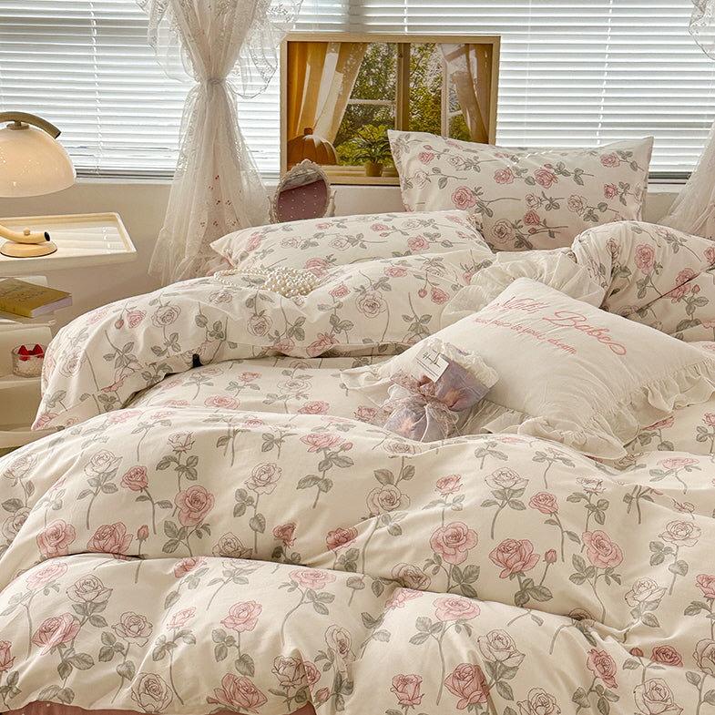 Retro Style Pink Rose Bedding Set