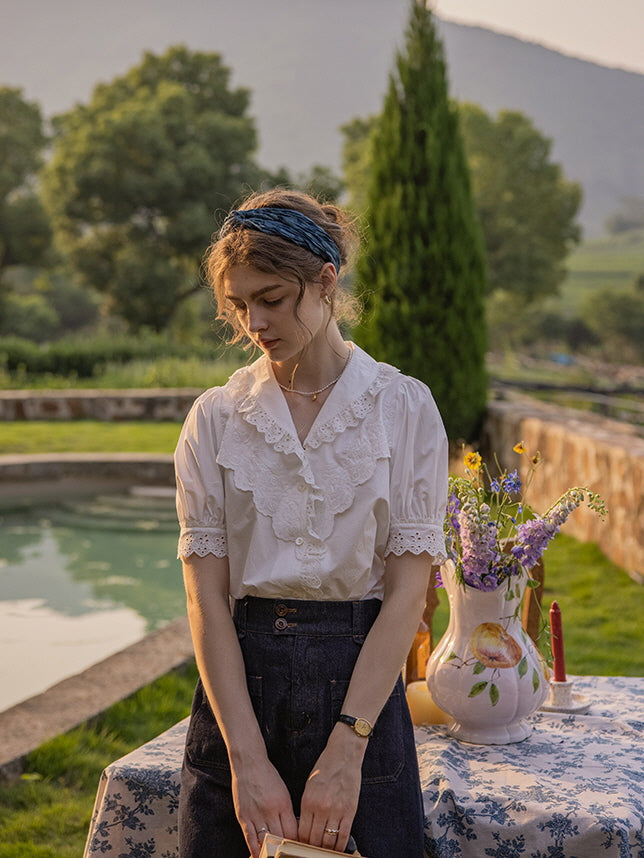 White Embroidery Collar Cottage Blouse