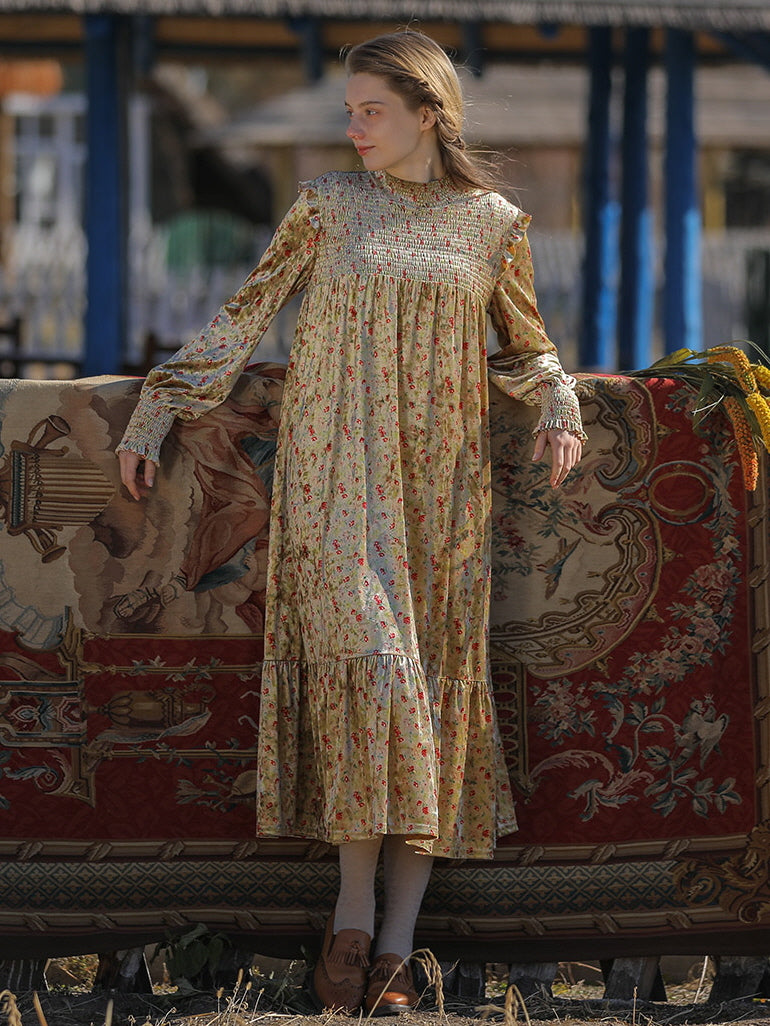 Golden Velvet Floral Dress