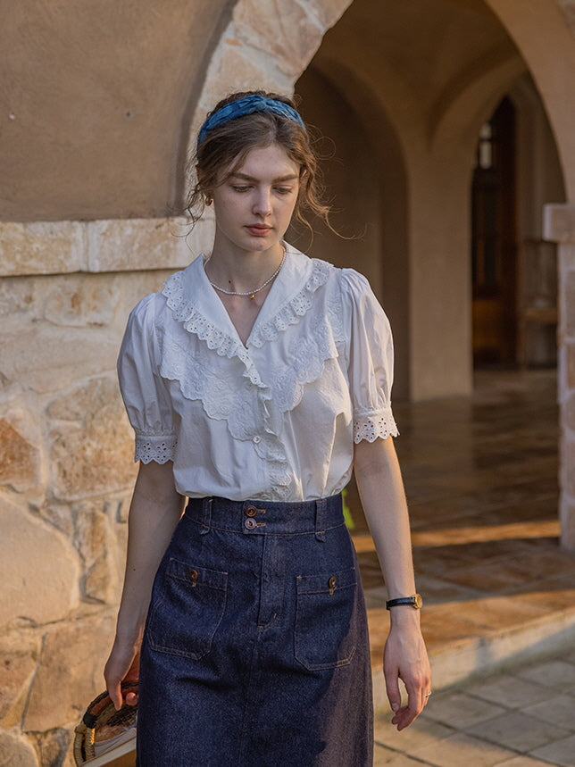 White Embroidery Collar Cottage Blouse