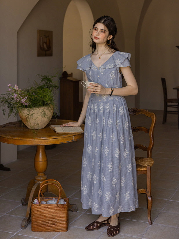 Blue Stripe Floral Cotton Dress Ruffle Neckline, Vintage Cottagecore Style Blue(Pre-Sale 25days) / M Blue Stripe Floral Cotton Dress Ruffle Neckline, Vintage Cottagecore Style Blue(Pre-Sale 25days) / M