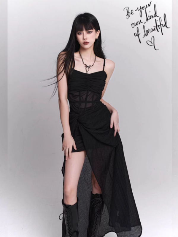 Midnight Siren Sheer Corset Drape Maxi Dress