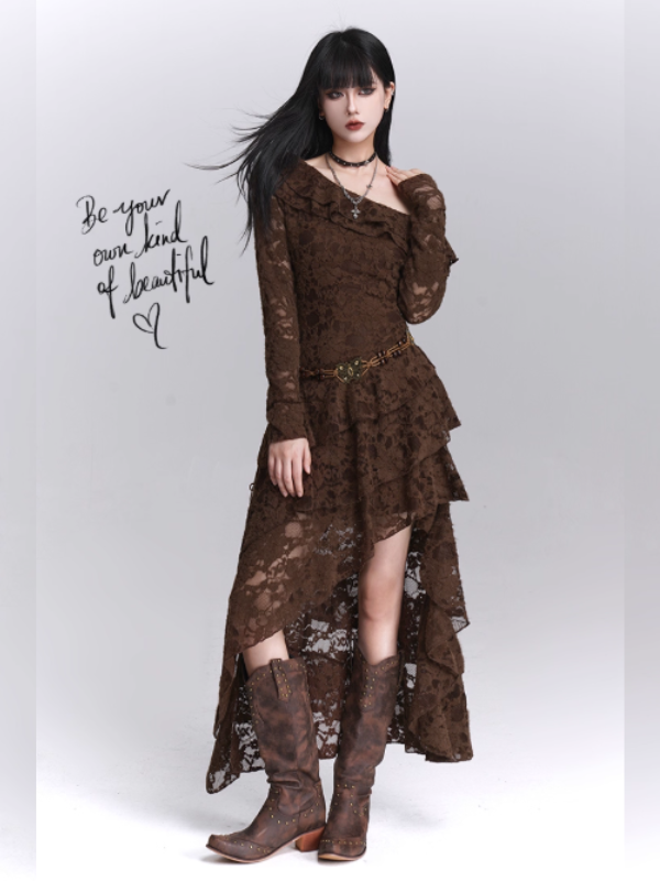 Mocha Lace Ruffle Dress