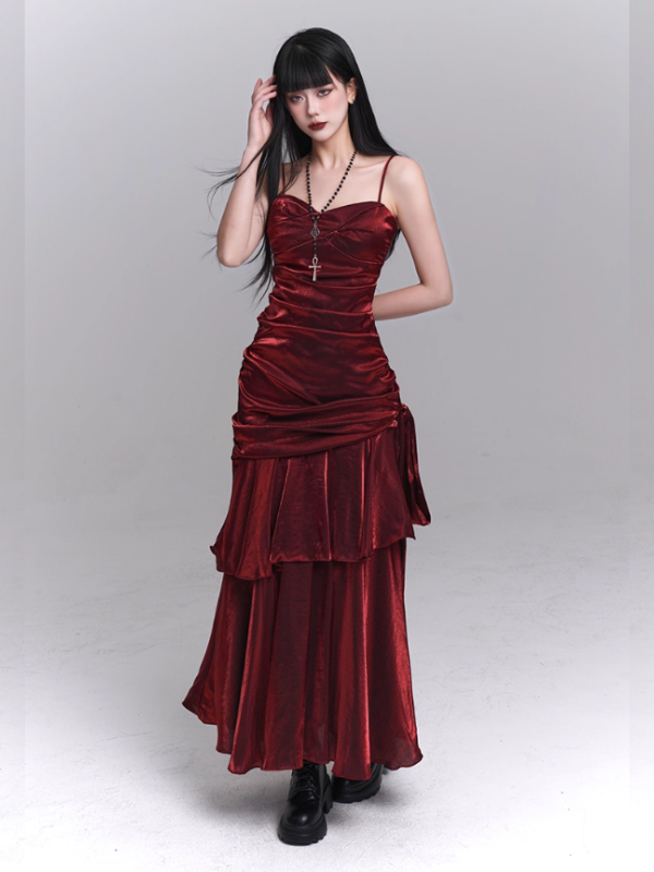 Crimson Siren Tiered Velvet Maxi Dress