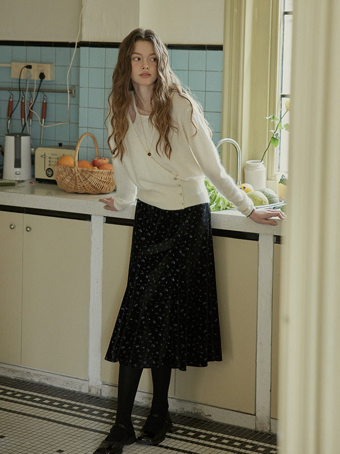 Vintage Blue Floral Velvet Skirt