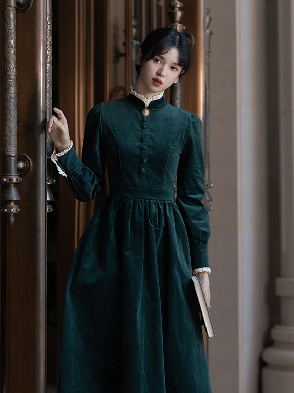 vintage green dress Forest Green Velvet Dress - Lace Cuffs | Puff Sleeves