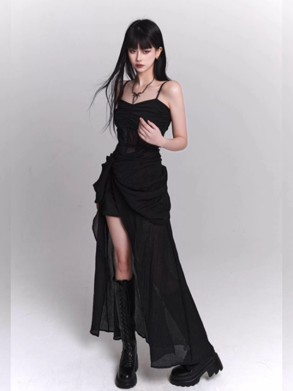 Midnight Siren Sheer Corset Drape Maxi Dress