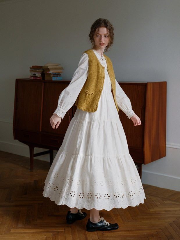 Cottagecore Lace Tiered Cotton Dress - White / S Cottagecore Lace Tiered Cotton Dress - White / S