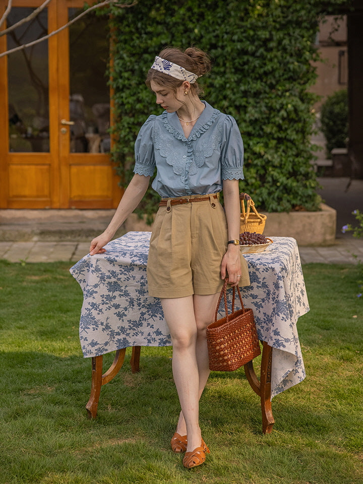 Blue Embroidery Collar Cottage Blouse