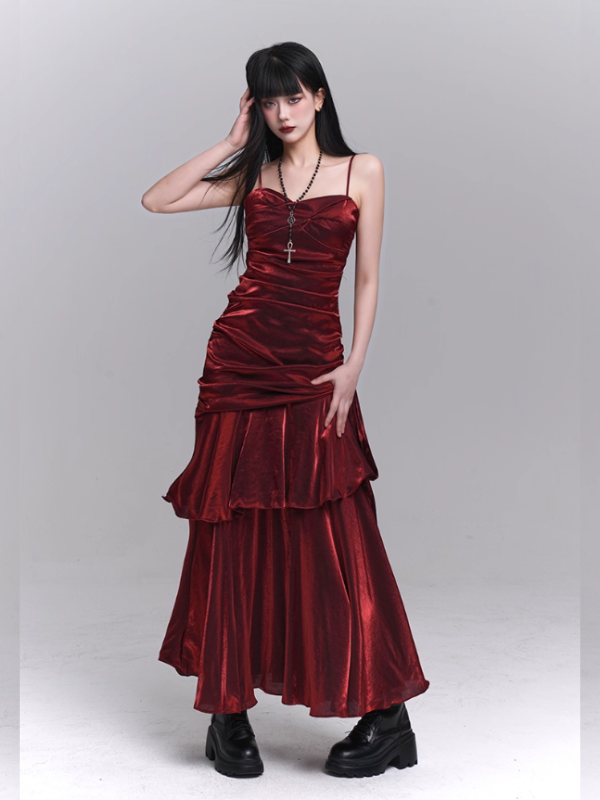 Crimson Siren Tiered Velvet Maxi Dress