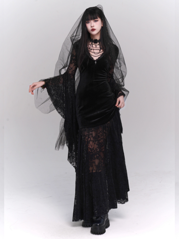 Black Velvet Lace Bell Sleeve Gothic Dress