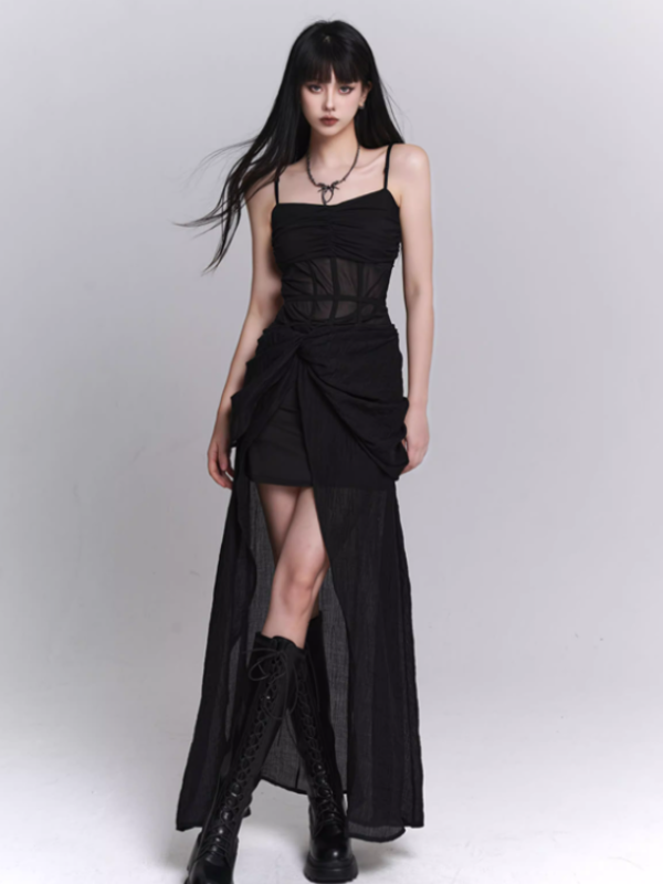 Midnight Siren Sheer Corset Drape Maxi Dress