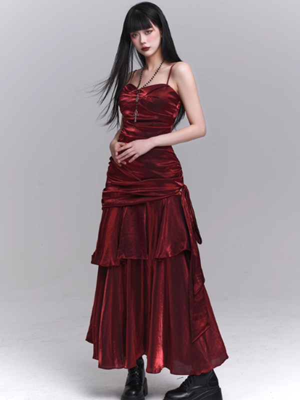 Crimson Siren Tiered Velvet Maxi Dress