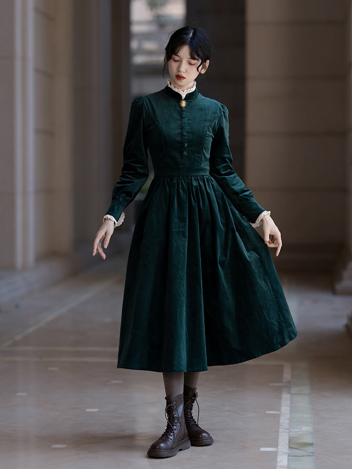 Forest Green Velvet Dress - Lace Cuffs | Puff Sleeves