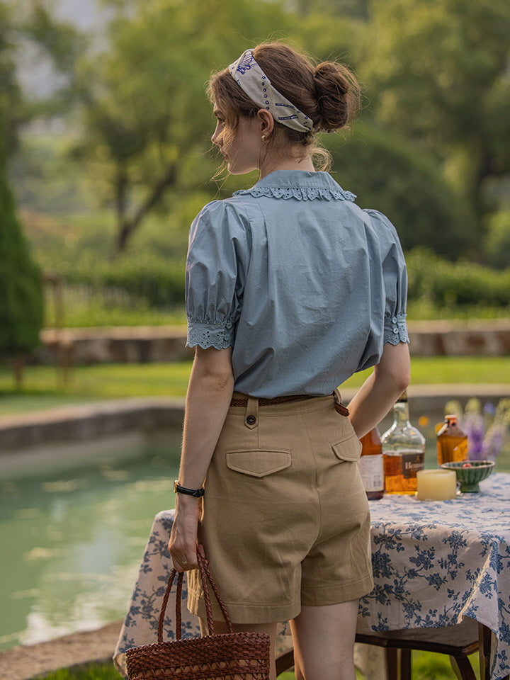 Blue Embroidery Collar Cottage Blouse