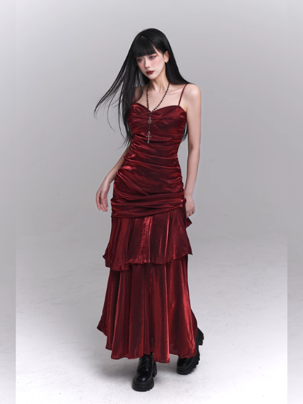 Crimson Siren Tiered Velvet Maxi Dress