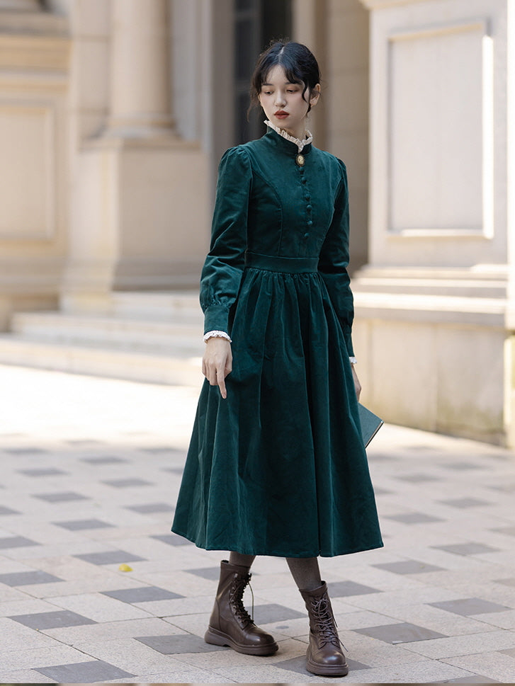 forest green vintage dress Forest Green Velvet Dress - Lace Cuffs | Puff Sleeves