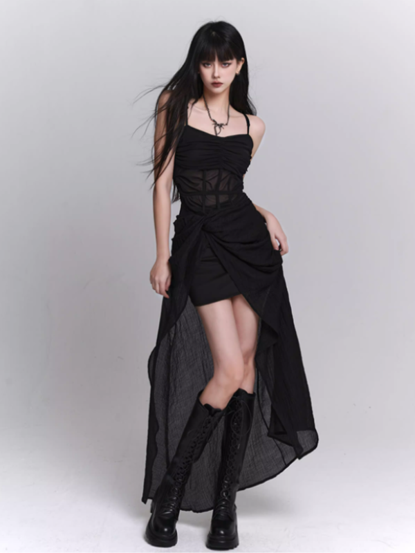 Midnight Siren Sheer Corset Drape Maxi Dress