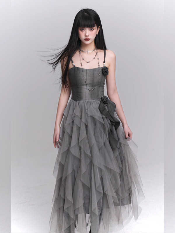 Gray Rose Tiered Tulle Dress