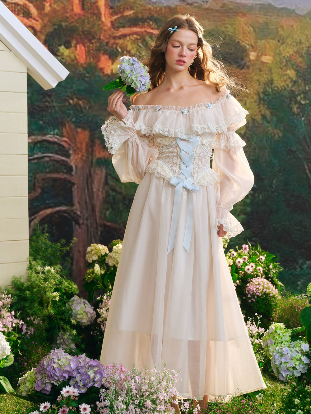 Off-Shoulder Fairy Princess Dress with Blue Ribbon Corset – Dreamy