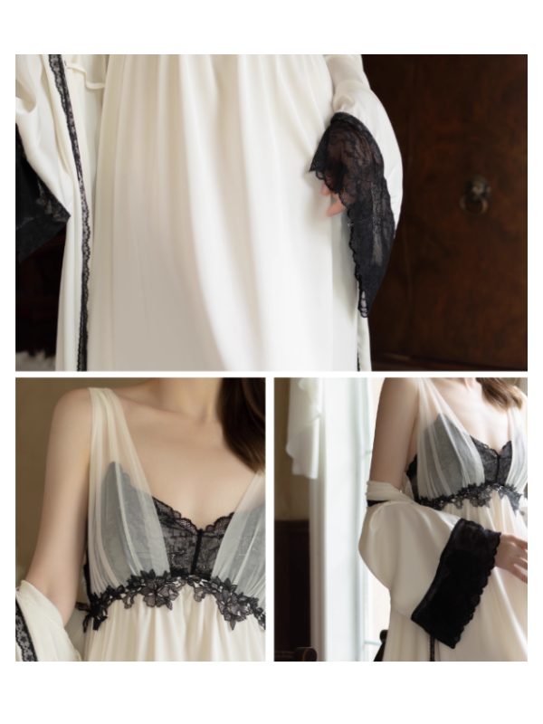 Black Lace Trim Ivory Sheer Robe & Nightgown Set