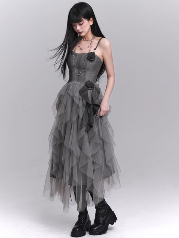 Gray Rose Tiered Tulle Dress