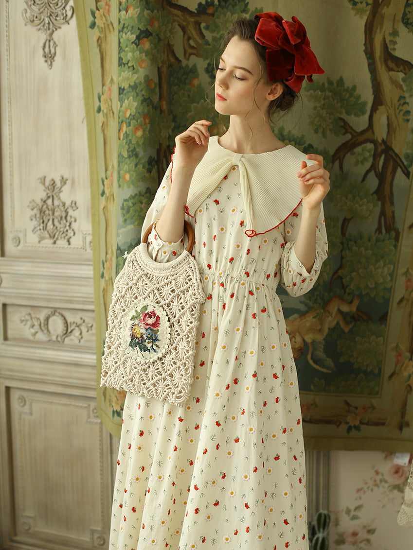 Pleated Collar Retro Floral Cotton Dress