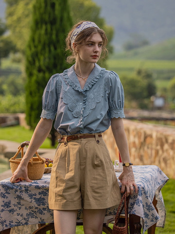 Blue Embroidery Collar Cottage Blouse