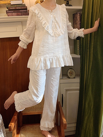 Romantic Lace-Trim Cotton Pajama Set