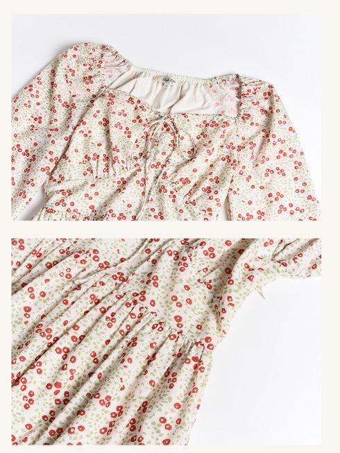 Cottagecore floral long dress with delicate front lace-up detail, soft shirring around the bust, and retro-inspired romantic aesthetic.